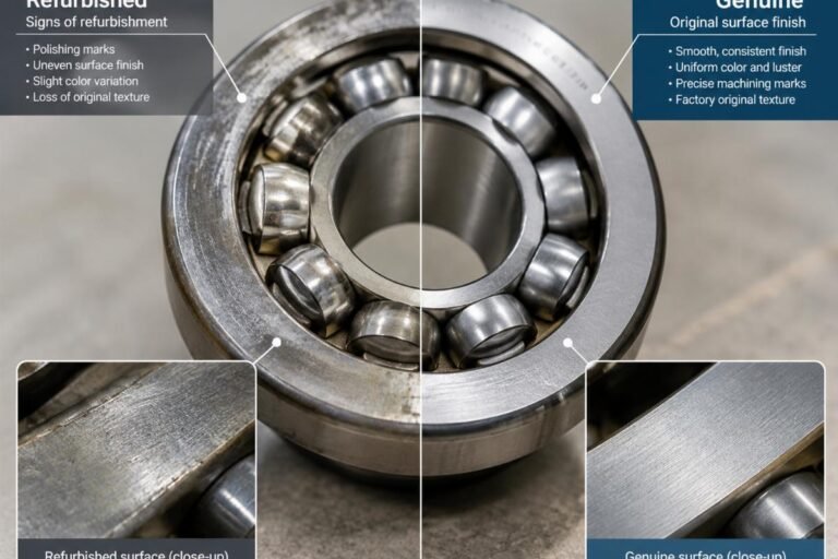 Close-up inspection of a spherical roller bearing showing signs of refurbishment versus genuine surface finish