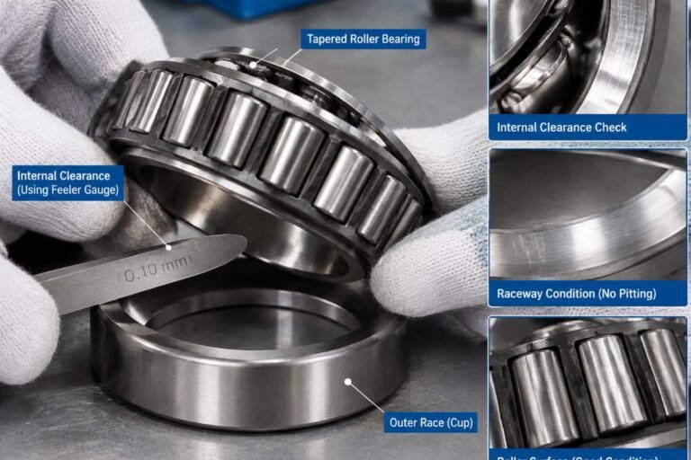Close-up inspection of a tapered roller bearing showing internal clearance and raceway condition