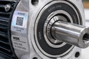 Close-up inspection of an electric motor bearing showing anti-counterfeit labels and precision markings