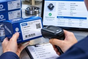 Close-up inspection of bearing packaging labels and traceability codes against digital records
