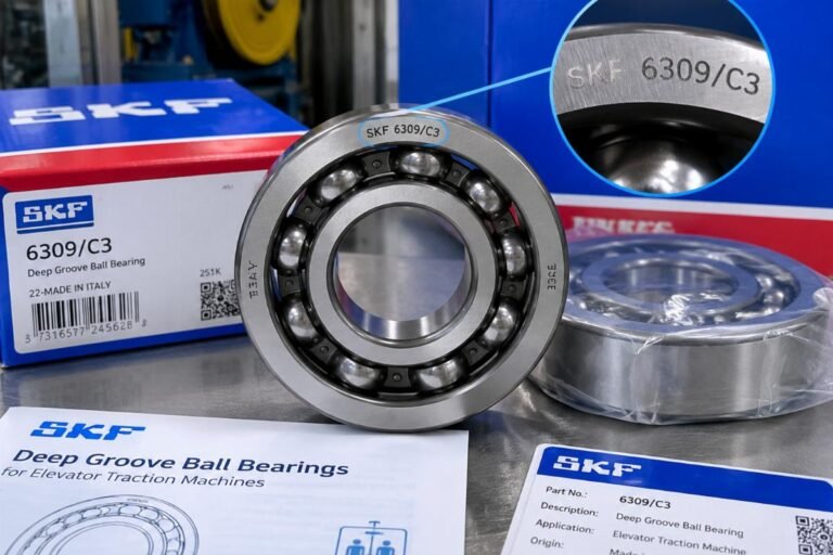 Close-up inspection of genuine SKF deep-groove ball bearings for elevator traction machines showing clear laser-etched markings and packaging details
