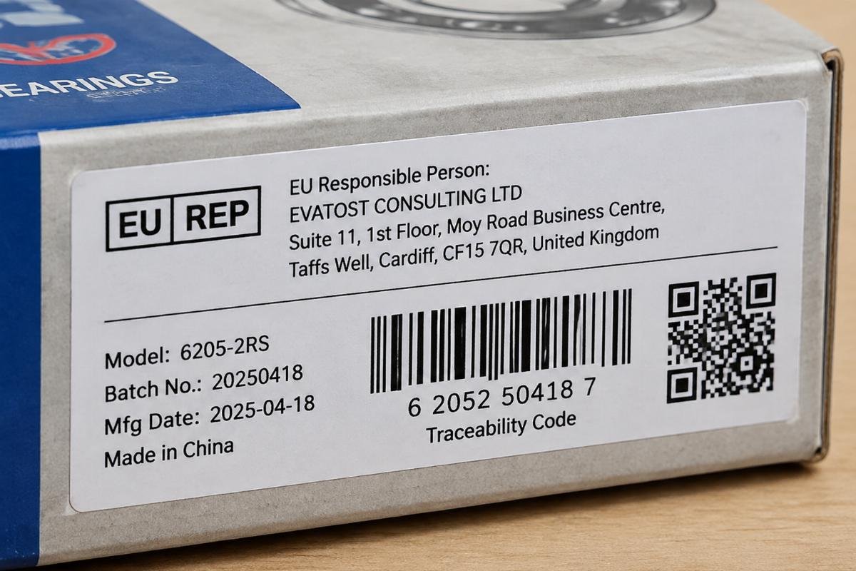 Close-up of a bearing box label showing the EU Responsible Person address and a scannable traceability barcode
