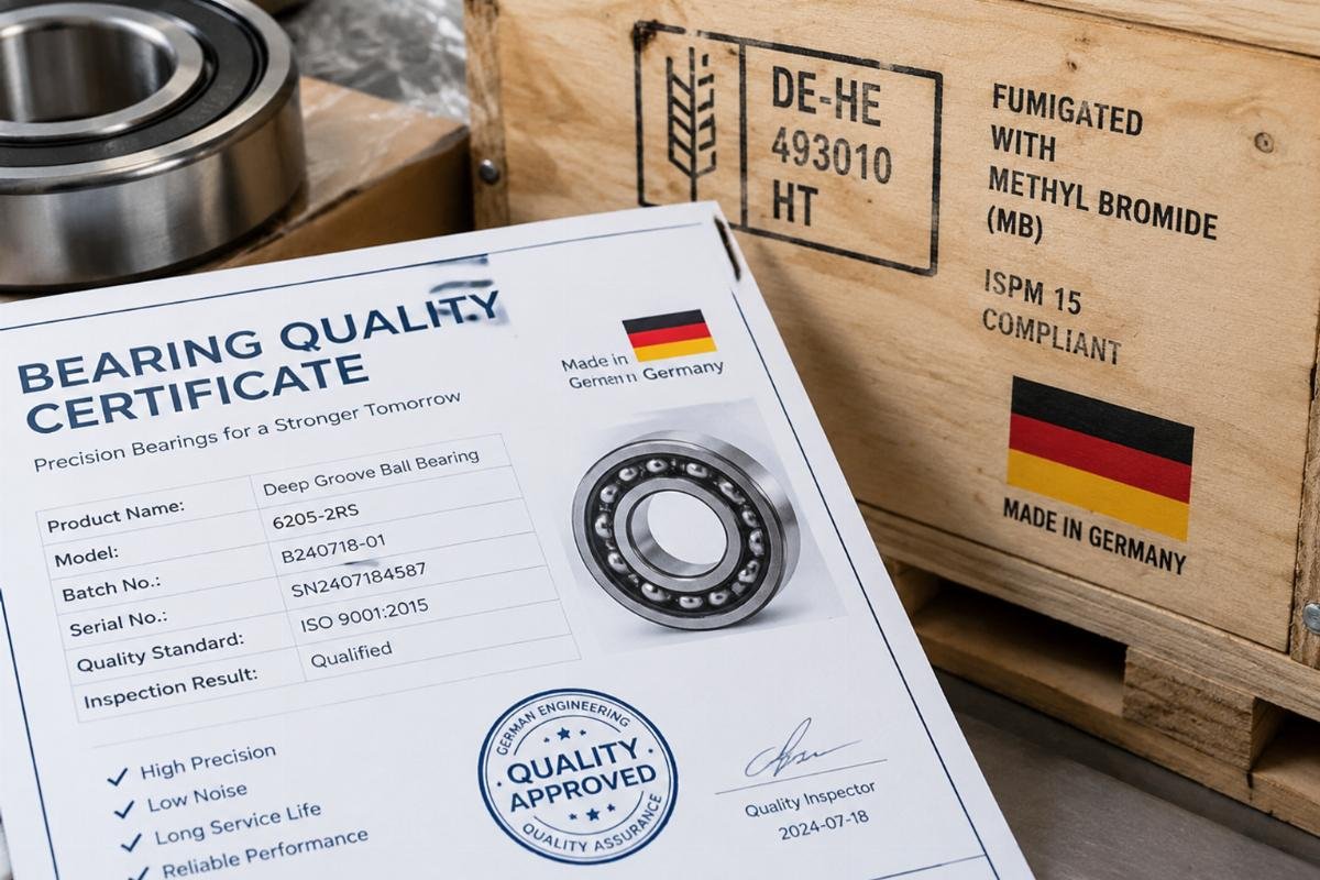 Close-up of a bearing quality certificate next to a wooden crate with visible fumigation stamps, illustrating the critical link between physical goods and traceability documentation for a bearing supplier Germany