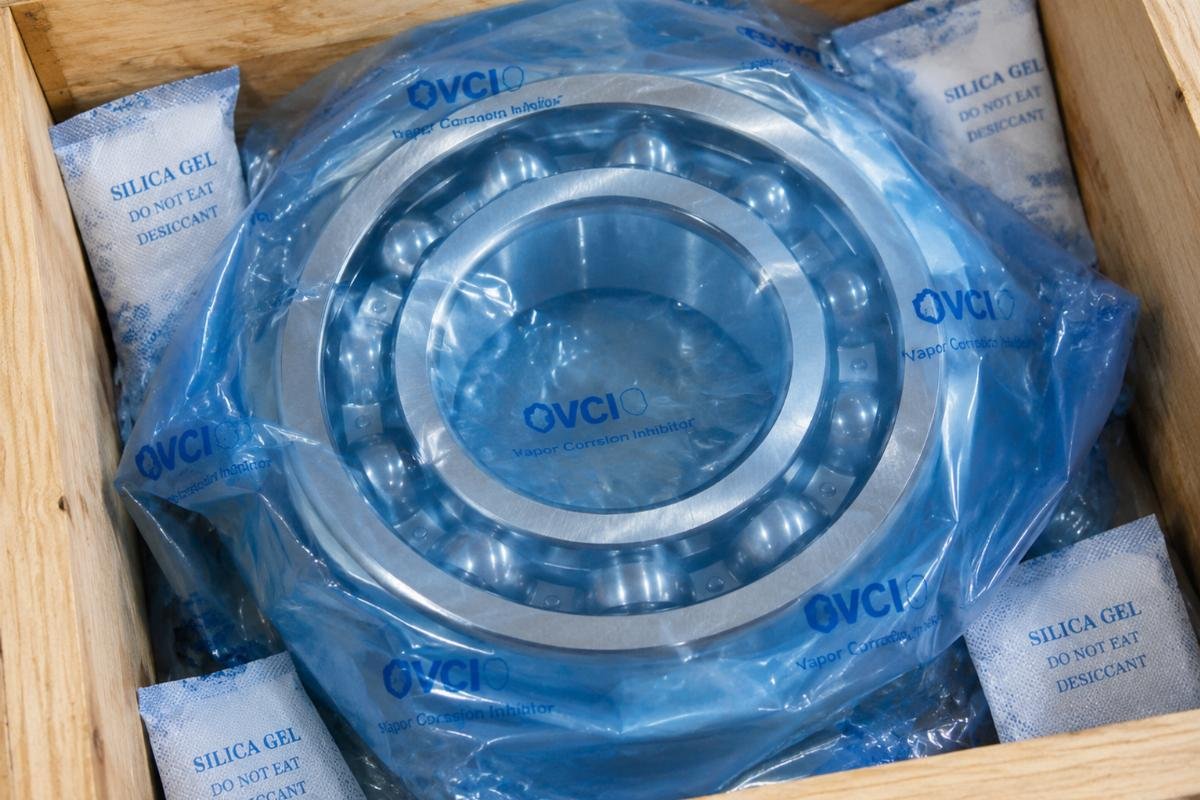 Close-up of a bearing wrapped in VCI film with desiccant packets inside a sealed crate