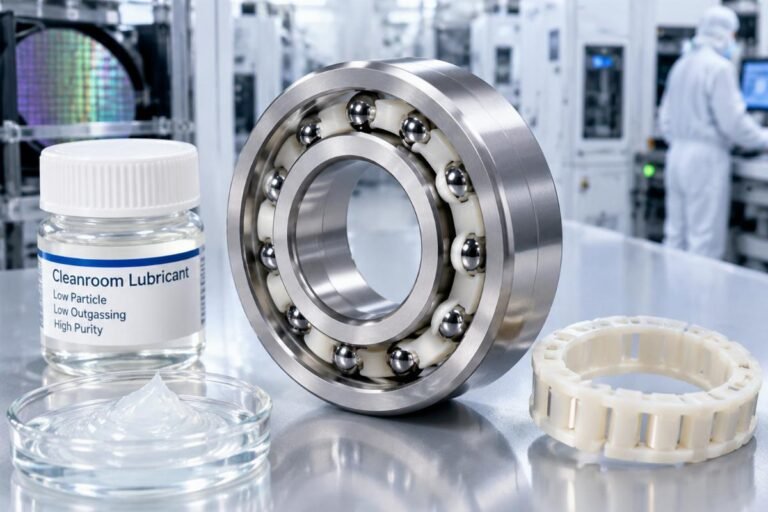 Close-up of a cleanroom-compatible bearing with specialized cage and lubricant for semiconductor fab equipment