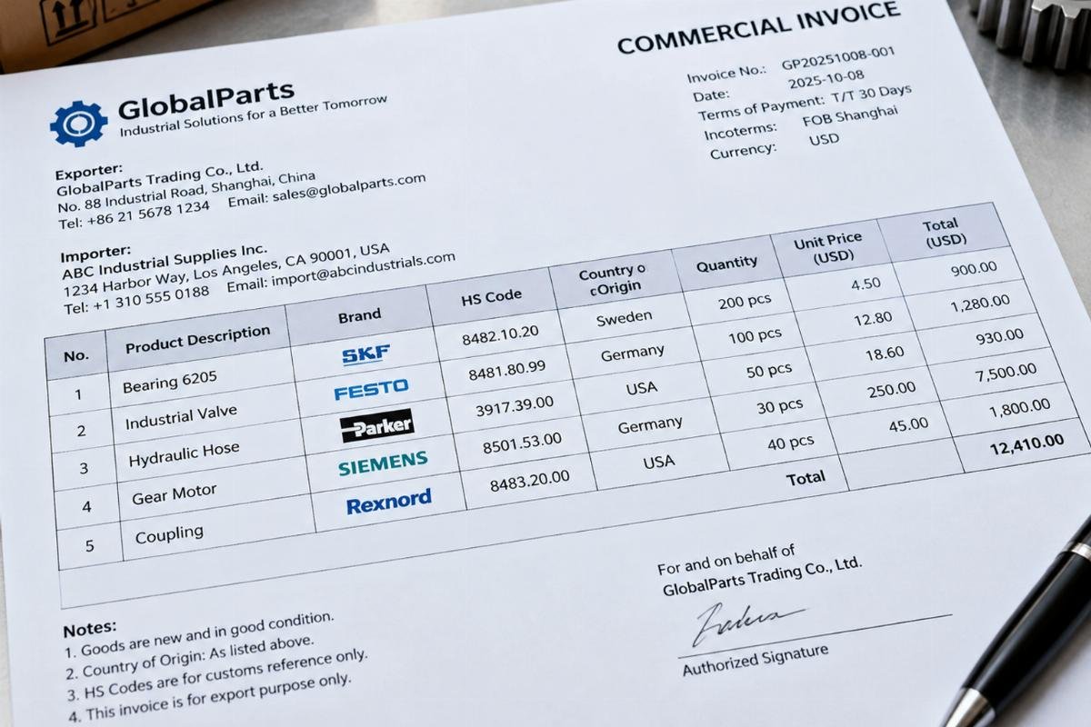 Close-up of a detailed commercial invoice highlighting brand names, HS codes, and country of origin for mixed industrial parts