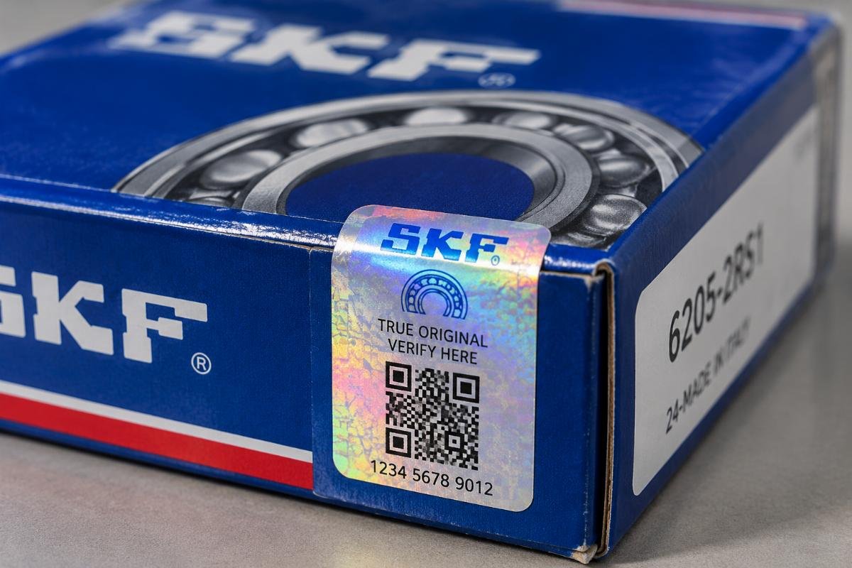 Close-up of a genuine bearing box with holographic security label and QR code for verification