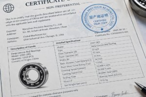 Close-up of a non-preferential certificate of origin with visible wet-ink stamp and detailed bearing specifications