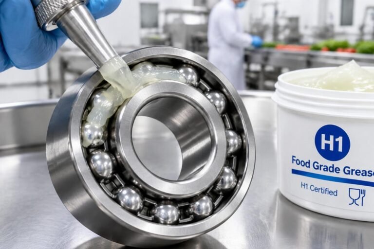 Close-up of a stainless steel bearing with H1 certified grease being applied in a clean food processing environment