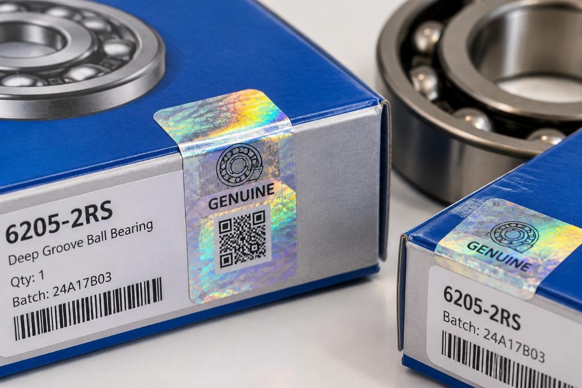 Close-up of genuine bearing packaging with holographic security labels and batch codes