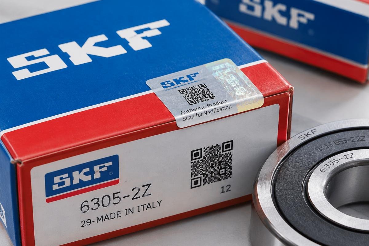 Close-up of security labels and QR codes on genuine bearing packaging