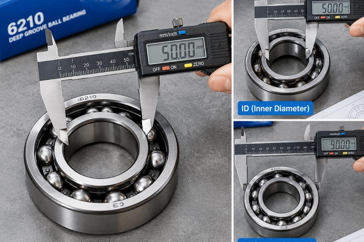 Close-up view of 6210 bearing measuring ID and OD with calipers
