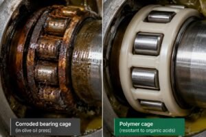 Close-up view of a corroded bearing cage inside an olive oil press compared to a polymer cage resistant to organic acids