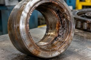 Close-up view of a corroded bearing inner ring removed from a waste baler main shaft, illustrating failure due to inadequate sealing in high humidity environments