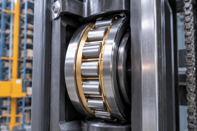 Close-up view of a high-precision cylindrical roller bearing installed in a stacker crane mast, highlighting the cage design and surface finish