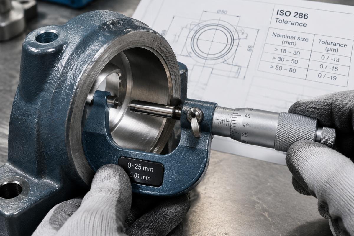 Close-up view of a micrometer measuring a bearing housing bore to verify ISO 286 tolerance compliance