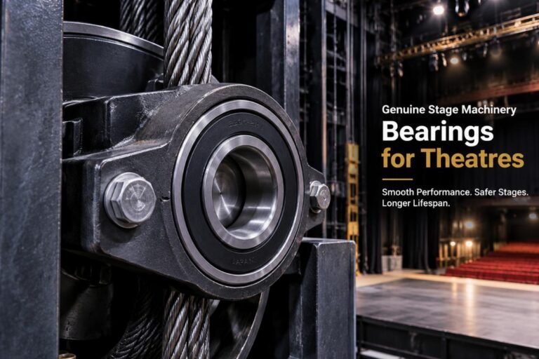 Close-up view of a sealed deep-groove ball bearing installed in a theatre stage lift mechanism, highlighting the importance of genuine Stage Machinery Bearings for Theatres