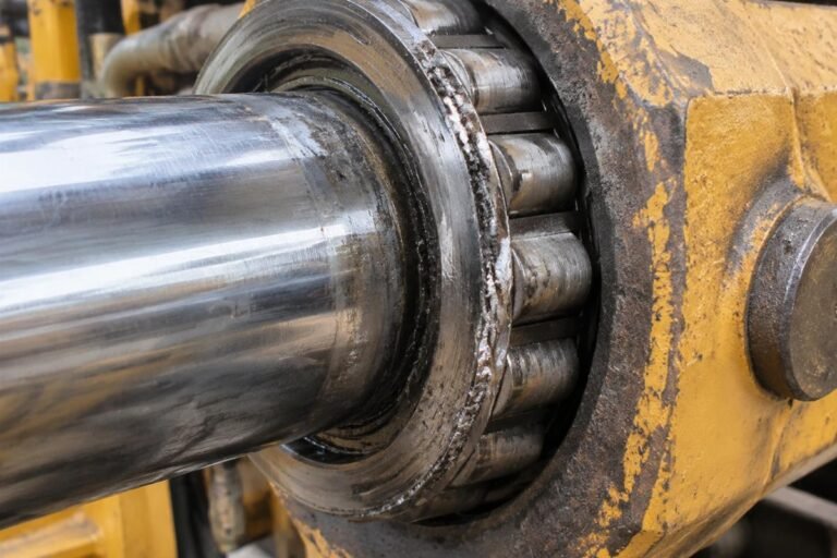 Close-up view of worn hydraulic cylinder bearings in mobile machinery showing edge loading damage