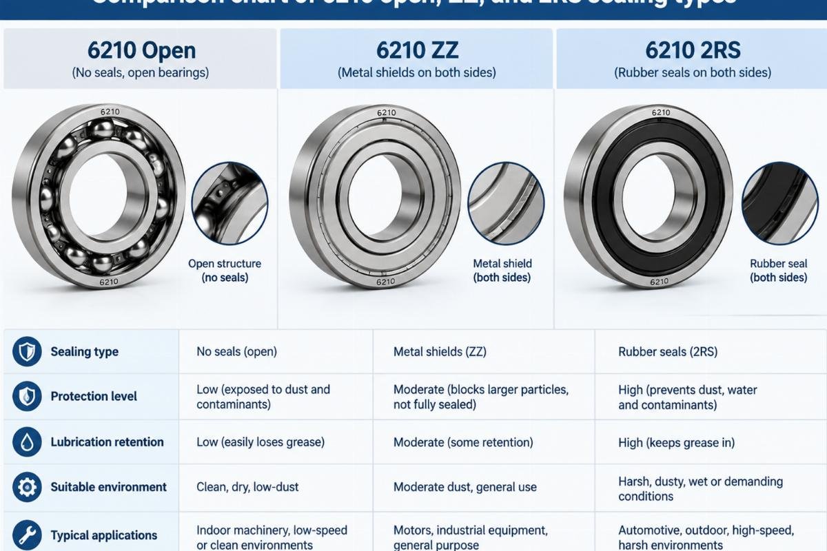 Comparison chart of 6210 open, ZZ, and 2RS sealing types