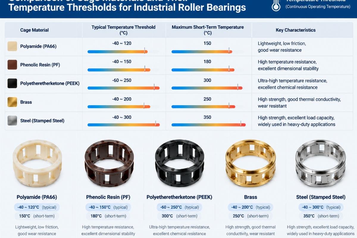Comparison chart of cage materials and their temperature thresholds for industrial roller bearings