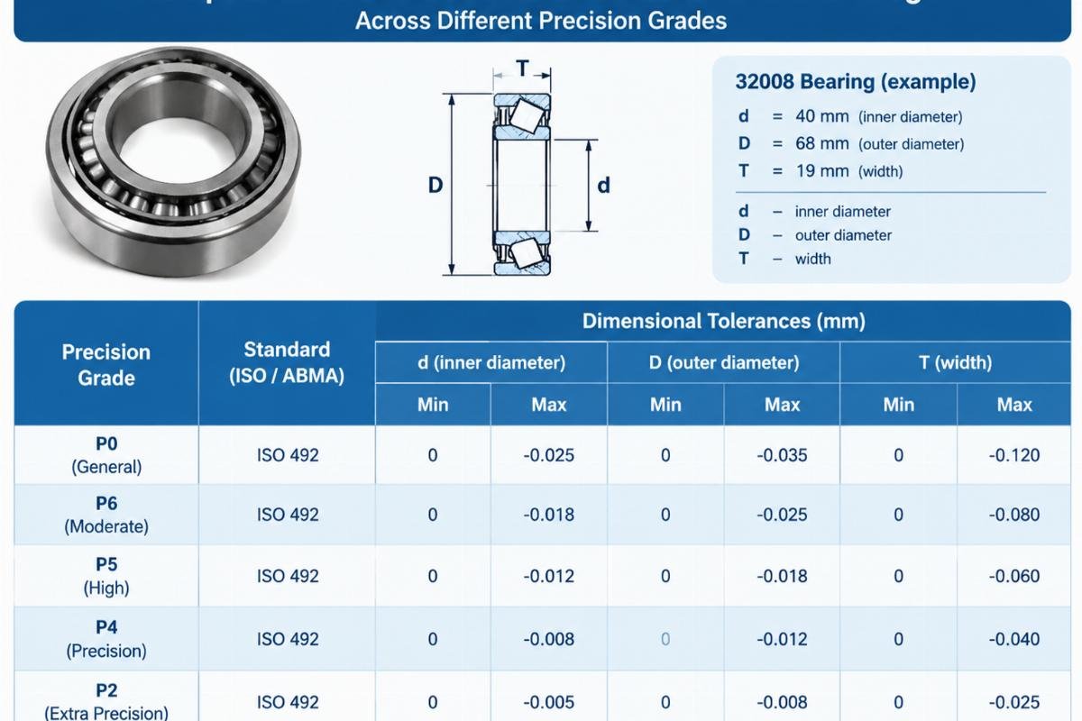 Comparison chart of dimensional tolerances for 32008 bearings across different precision grades