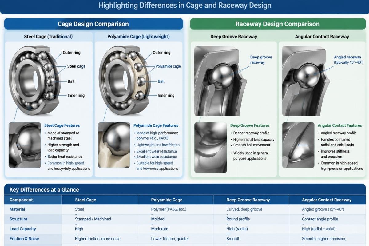 Comparison chart of internal bearing components highlighting differences in cage and raceway design