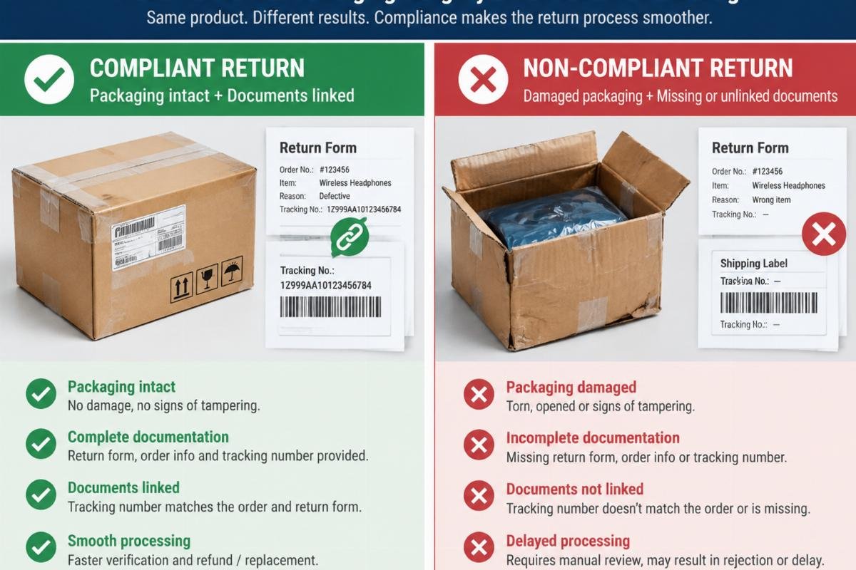 Comparison chart showing compliant vs non-compliant return scenarios based on packaging integrity and documentation linkage