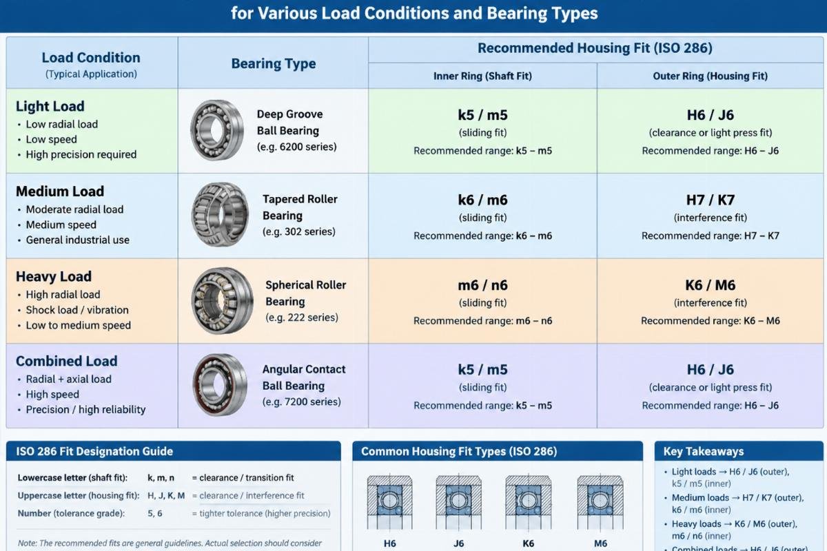 Comparison chart showing recommended ISO 286 housing fits for various load conditions and bearing types