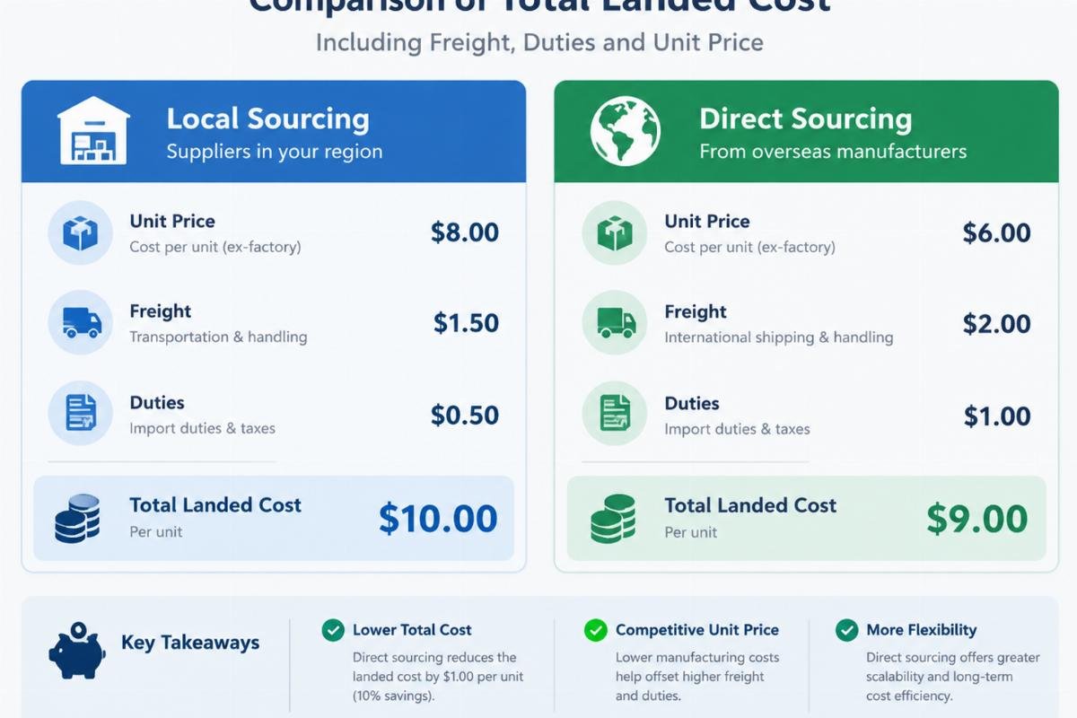 Comparison chart showing the breakdown of total landed cost including freight, duties, and unit price for local vs direct sourcing