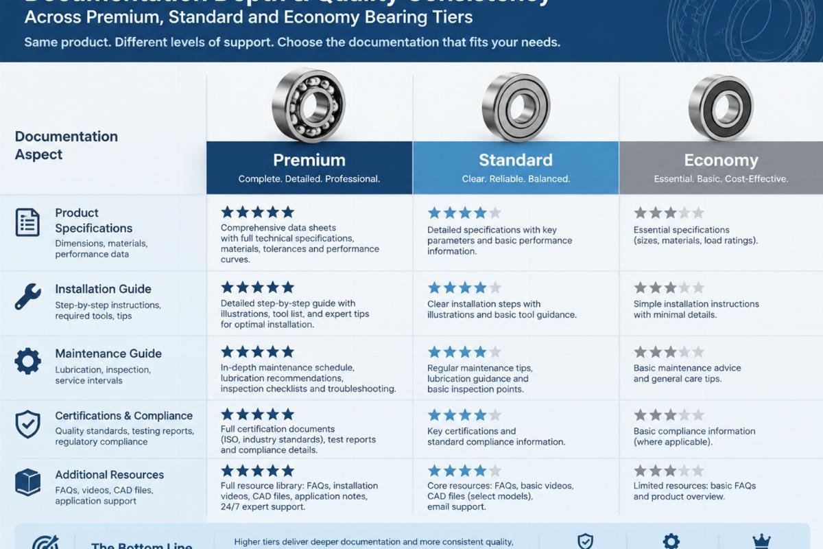 Comparison chart showing the documentation depth and quality consistency across premium, standard, and economy bearing tiers