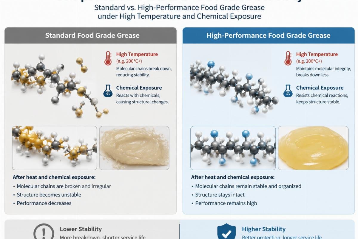 Comparison chart showing the molecular structure stability of standard vs. high-performance food grade grease under high temperature and chemical exposure