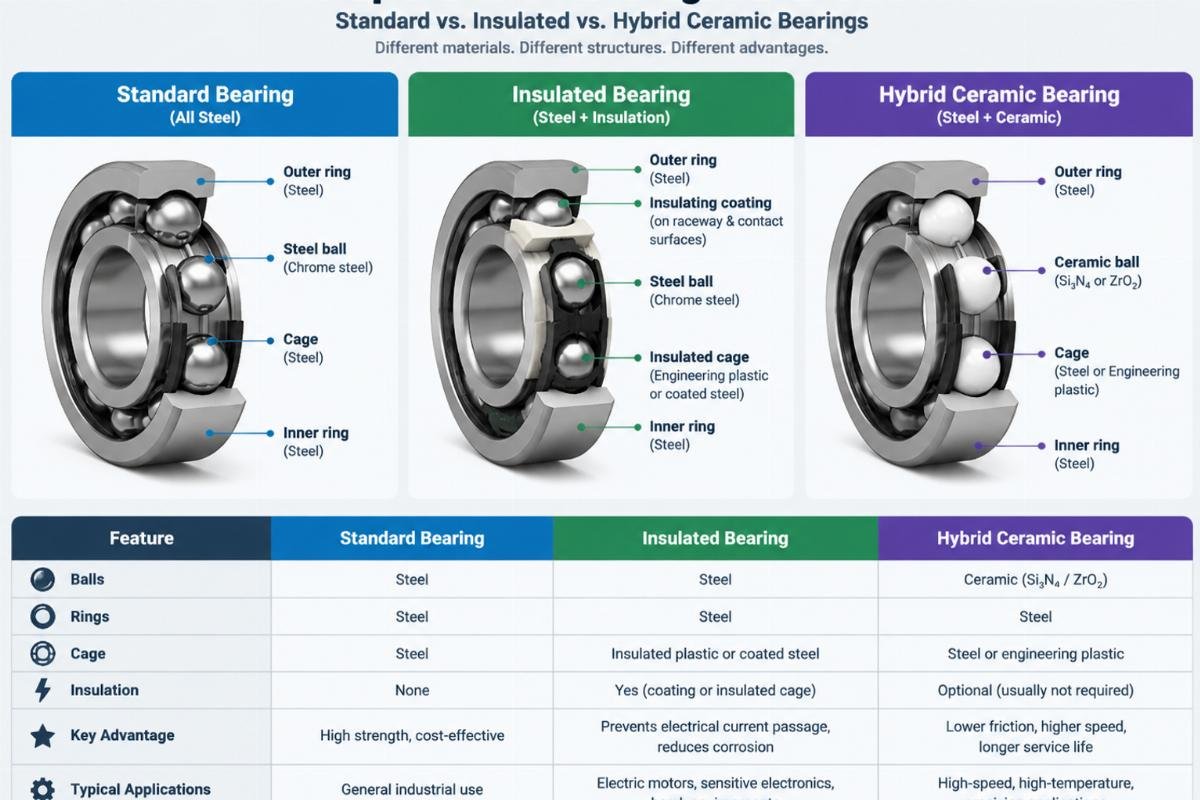 Comparison chart showing the structural differences between standard, insulated, and hybrid ceramic bearings