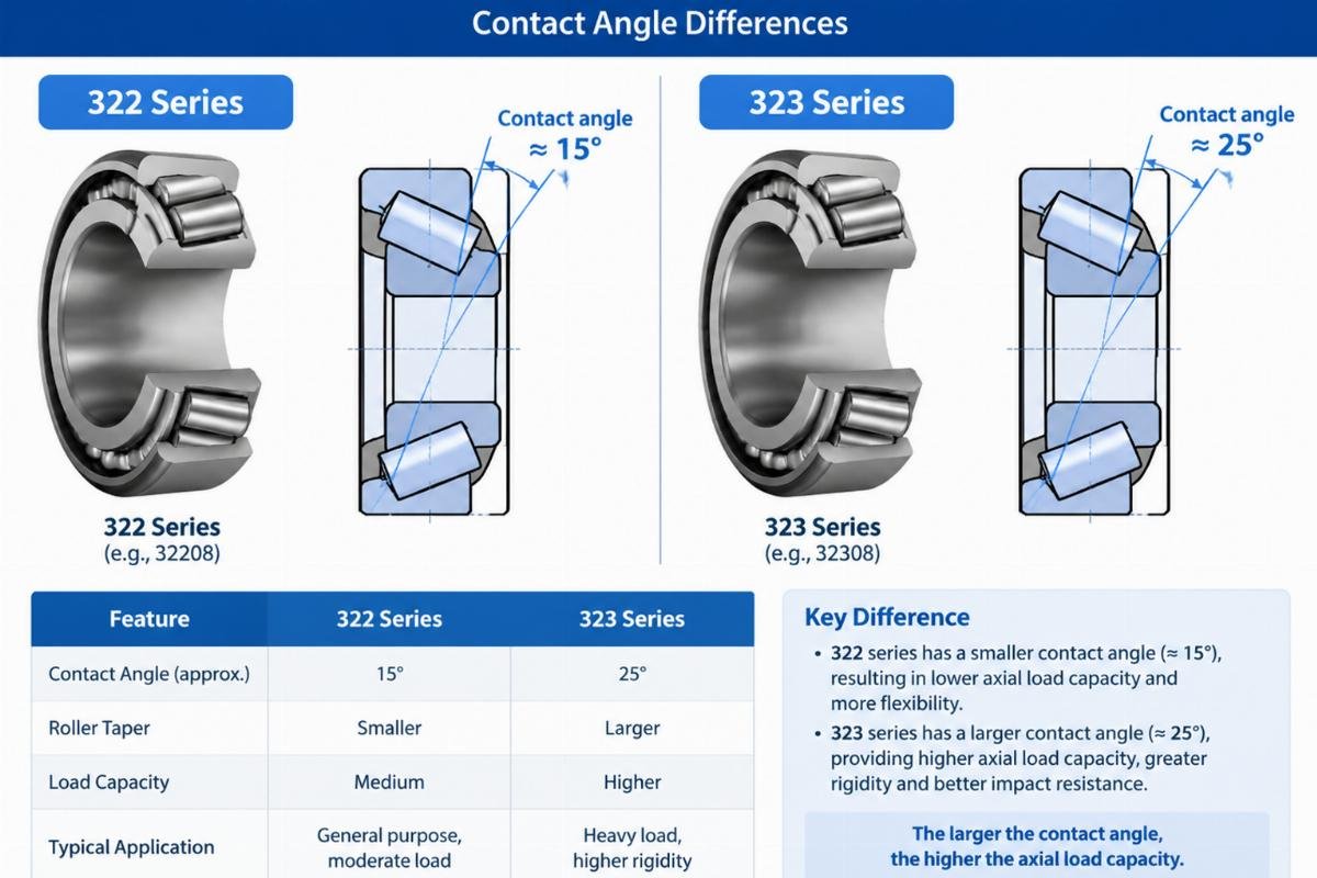 Comparison diagram of 322 and 323 series tapered roller bearings showing contact angle differences