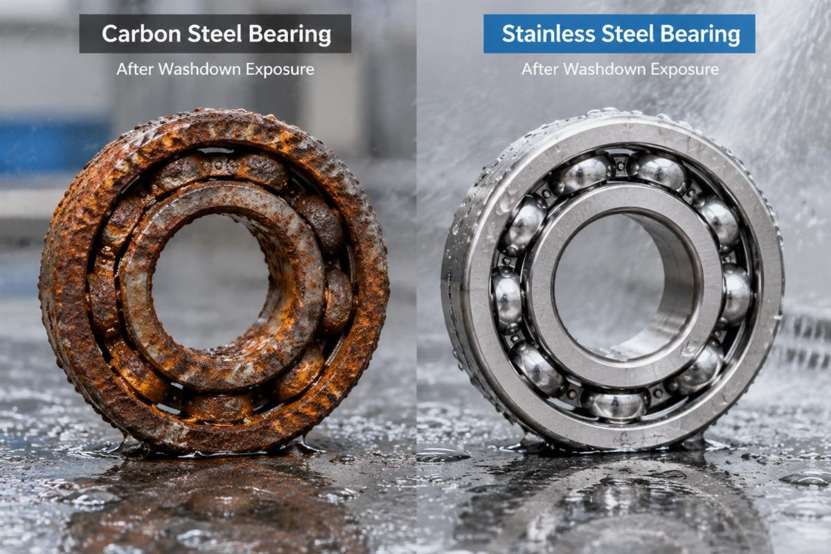 Comparison of corroded carbon steel bearing versus intact stainless steel bearing after washdown exposure