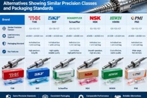 Comparison of European ball screw brands alternatives showing similar precision classes and packaging standards