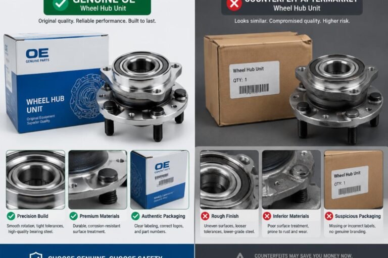 Comparison of genuine OE wheel hub units versus counterfeit aftermarket alternatives showing packaging and build quality