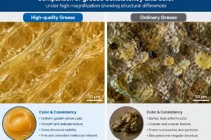 Comparison of grease consistency and color under high magnification showing structural differences