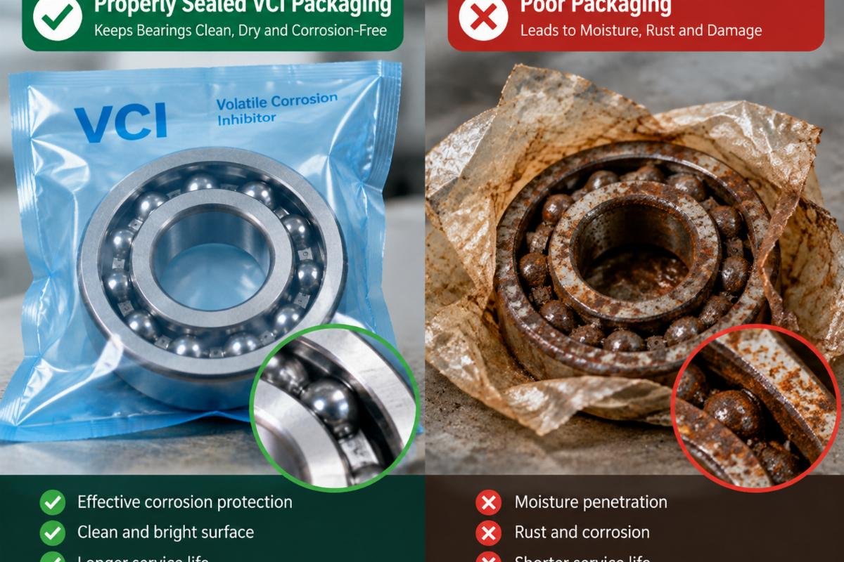 Comparison of properly sealed VCI packaged bearings versus corroded bearings due to poor packaging