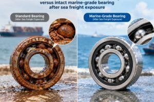 Comparison of rusted standard bearing versus intact marine-grade bearing after sea freight exposure