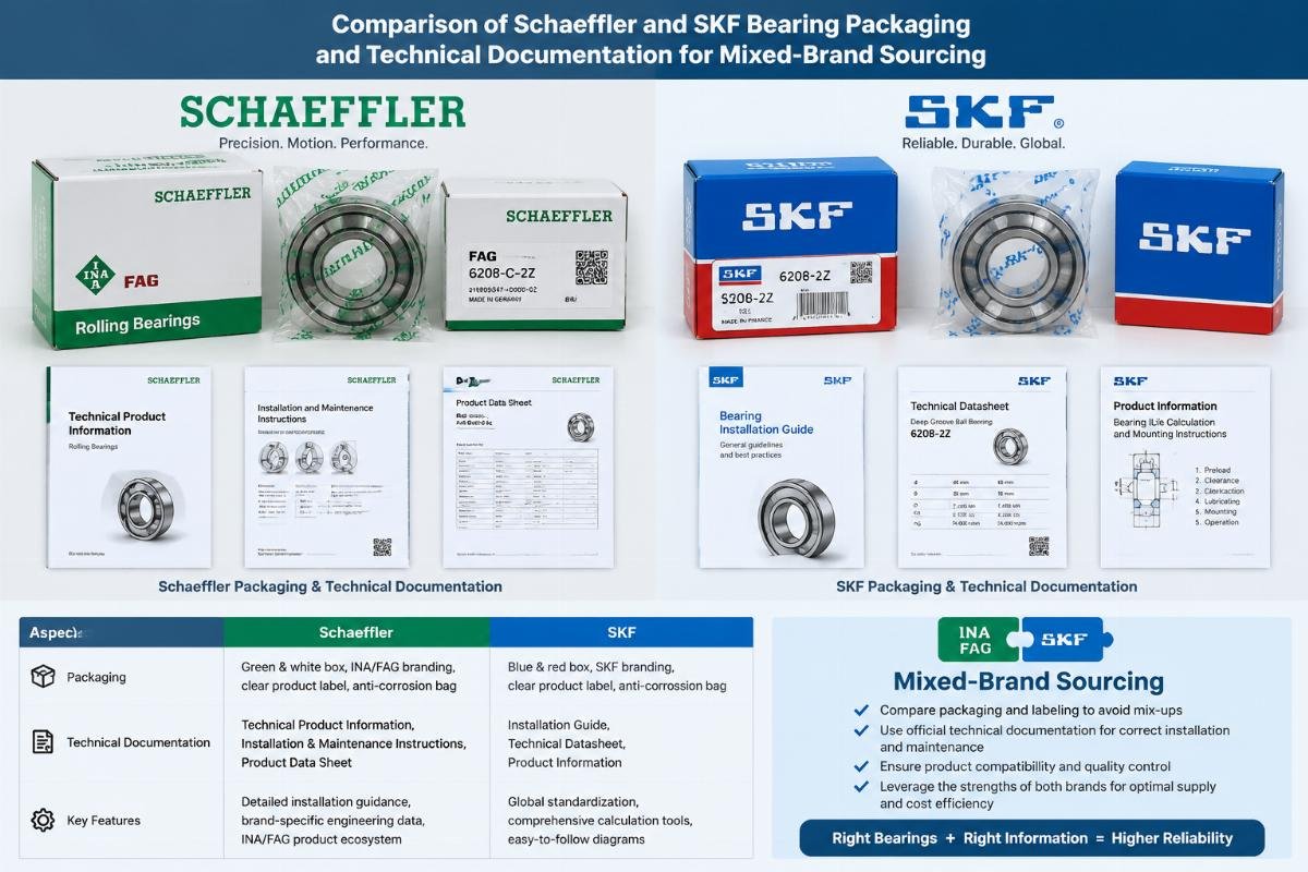 Comparison of Schaeffler and SKF bearing packaging and technical documentation for mixed-brand sourcing