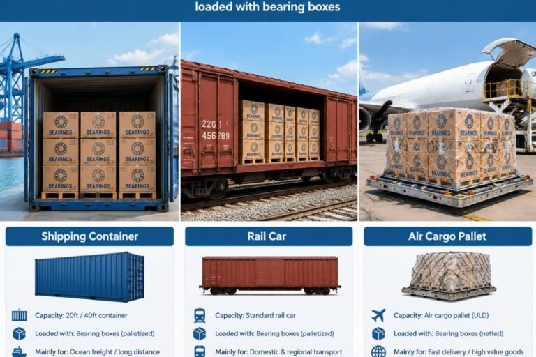 Comparison of shipping containers, rail cars, and air cargo pallets loaded with bearing boxes