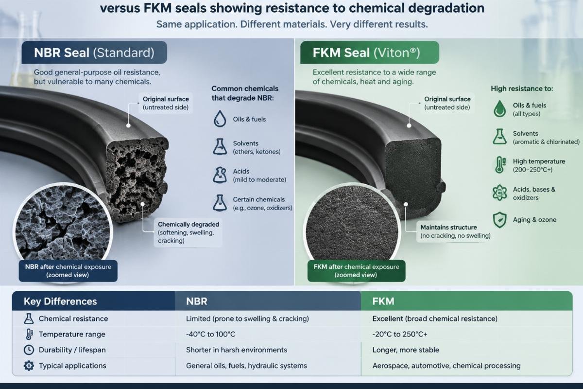 Cross-section comparison of standard NBR seals versus FKM seals showing resistance to chemical degradation