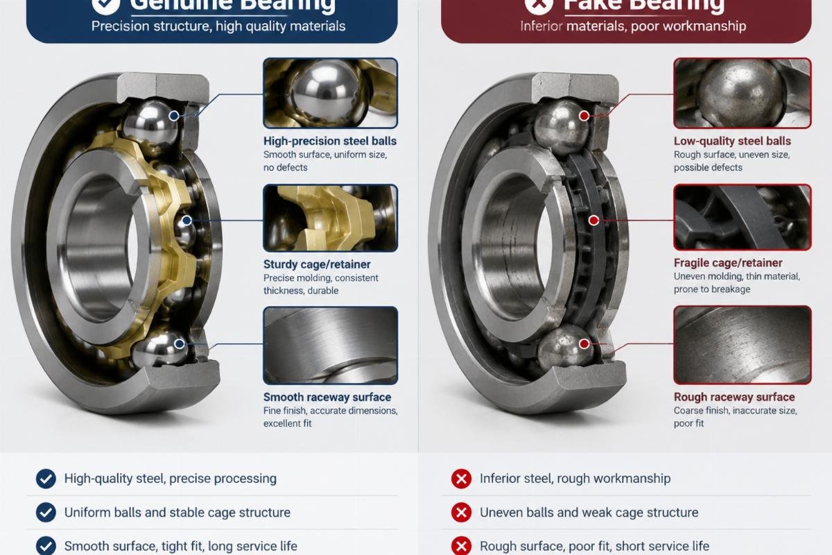 Cross-section comparison showing internal structure differences between genuine and fake bearings