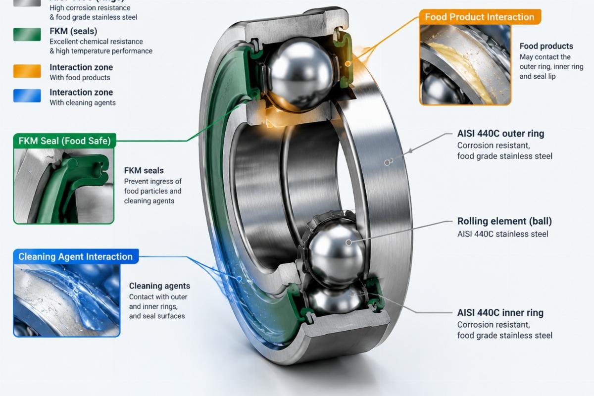 Cross-section diagram of a bearing showing AISI 440C rings and FKM seals, highlighting the interaction zones with food products and cleaning agents