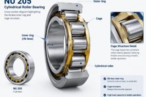 Cross-section diagram of an NU 205 cylindrical roller bearing highlighting the rib-less inner ring and cage structure