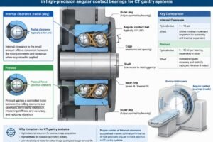Cross-section diagram showing internal clearance and preload in high-precision angular contact bearings for CT gantry systems