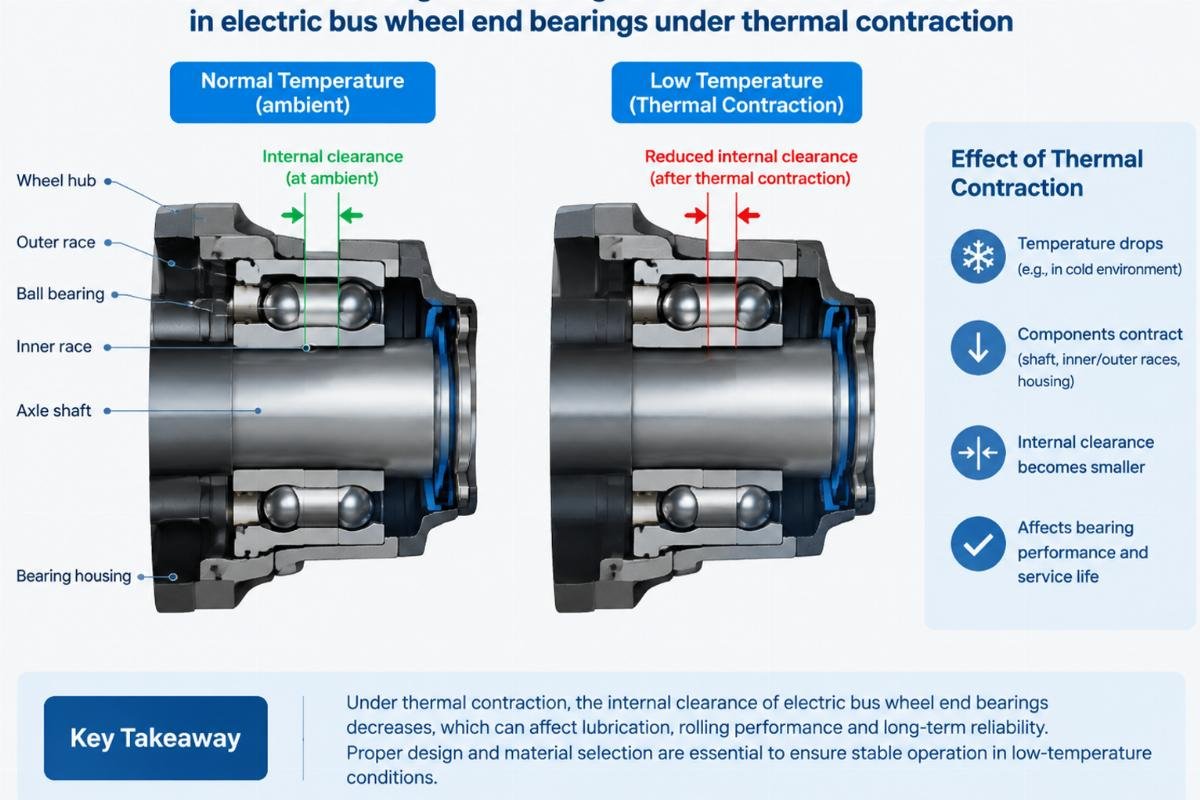 Cross-section diagram showing internal clearance differences in electric bus wheel end bearings under thermal contraction