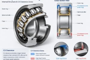 Cross-section diagram showing the internal structure of a 22216 spherical roller bearing with highlighted C3 clearance zones