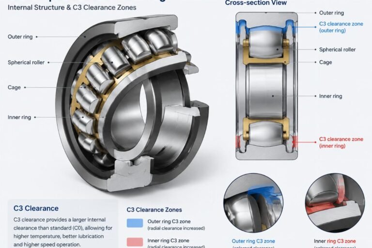 Cross-section diagram showing the internal structure of a 22216 spherical roller bearing with highlighted C3 clearance zones