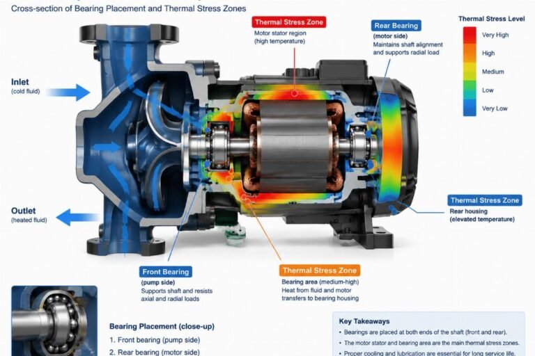 Cross-section of a heat pump circulation pump showing bearing placement and thermal stress zones